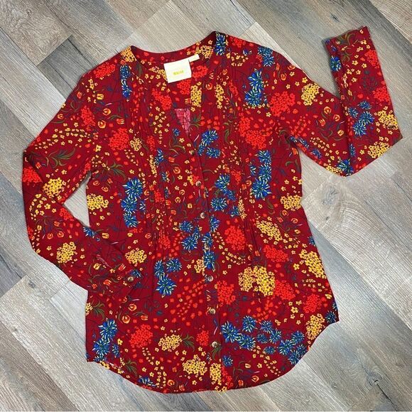 Maeve by Anthropologie Floral Pintuck Pleat Shirt Red XS - Picture 16 of 16